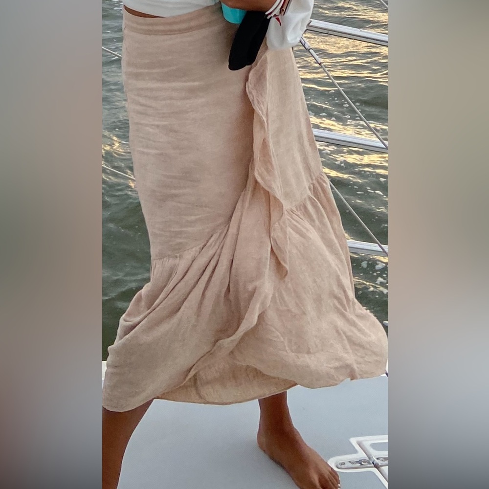 Madewell Linen Ruffle-Wrap Midi Skirt-Sand color